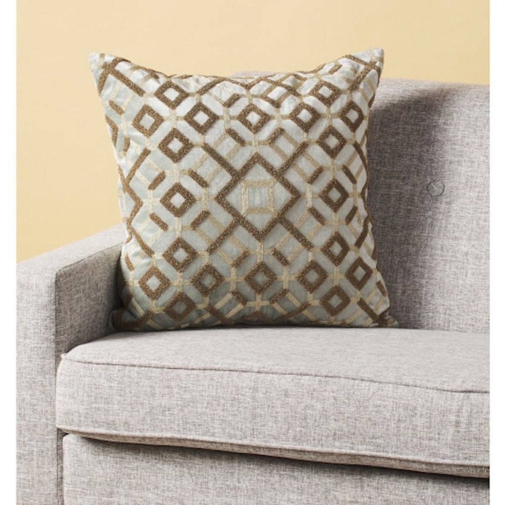 Callisto Home Green Velvet Geo Embroidered Decorative Accent Pillow